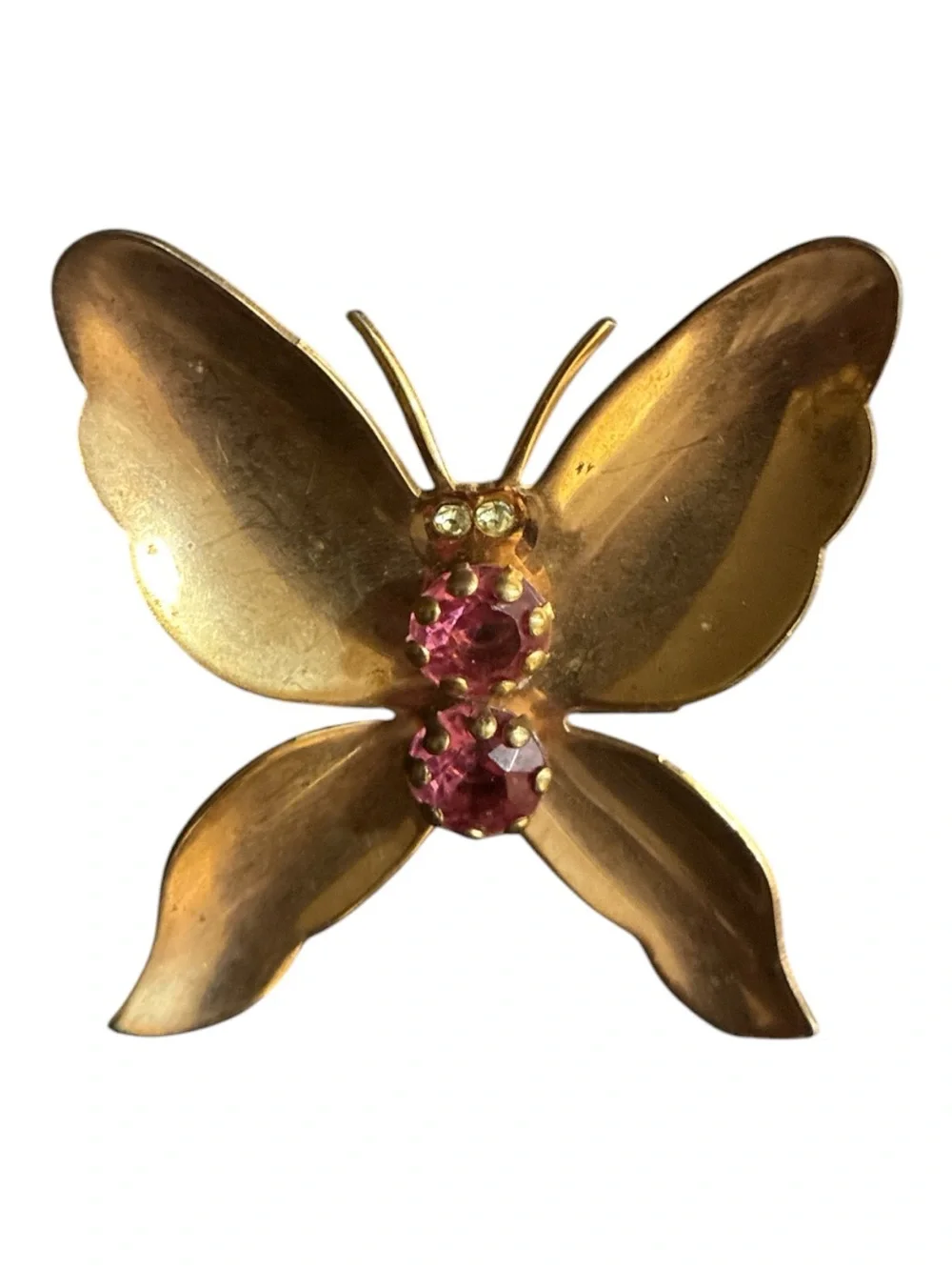 Gold Butterfly Brooch with Pink and Clear Rhinestones